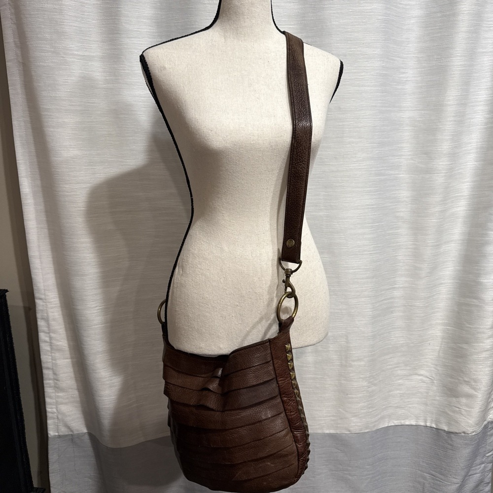 McFadin Leather Crossbody Bag Purse Studded Brown Distressed Fringed Boho USED